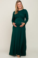 Forest Green Front Twist Long Sleeve Maternity Plus Maxi Dress