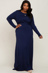 Navy Front Twist Long Sleeve Plus Maxi Dress