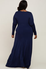 Navy Front Twist Long Sleeve Plus Maxi Dress