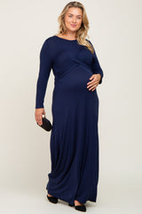 Navy Front Twist Long Sleeve Maternity Plus Maxi Dress