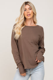 Mocha Distressed Seam Long Sleeve Top