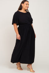 Black Gathered Front Plus Maxi Dress