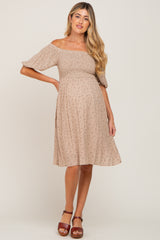 Taupe Floral Off Shoulder Puff Sleeve Maternity Dress