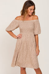 Taupe Floral Off Shoulder Puff Sleeve Dress