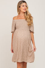 Taupe Floral Off Shoulder Puff Sleeve Maternity Dress