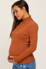 Rust Ribbed Ruffle Trim Mock Neck Maternity Top