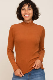 Rust Ribbed Ruffle Trim Mock Neck Top