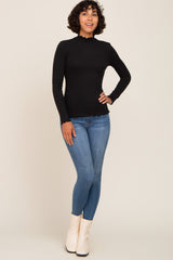 Black Ribbed Ruffle Trim Mock Neck Top