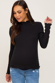 Black Ribbed Ruffle Trim Mock Neck Maternity Top