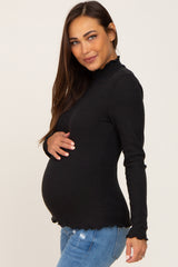 Black Ribbed Ruffle Trim Mock Neck Maternity Top