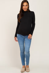 Black Ribbed Ruffle Trim Mock Neck Maternity Top