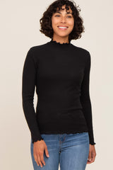 Black Ribbed Ruffle Trim Mock Neck Maternity Top