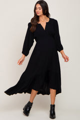 Black Button Accent Hi-Lo Maternity Midi Dress