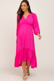 Fuchsia Button Accent Hi-Lo Maternity Midi Dress