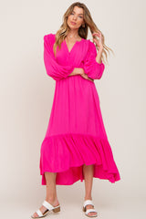 Fuchsia Button Accent Hi-Lo Maternity Midi Dress