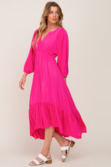 Fuchsia Button Accent Hi-Lo Midi Dress