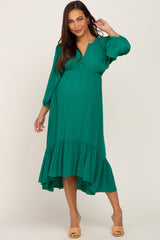 Green Button Accent Hi-Lo Maternity Midi Dress