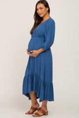 Blue Button Accent Hi-Lo Maternity Midi Dress