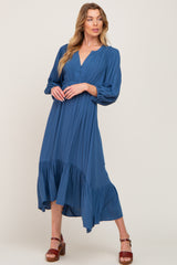 Blue Button Accent Hi-Lo Midi Dress