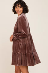 Brown Velvet Long Sleeve Tiered Collared Dress