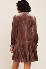 Brown Velvet Long Sleeve Tiered Collared Dress