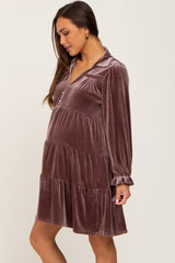 Brown Velvet Long Sleeve Tiered Collared Maternity Dress