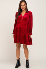 Red Velvet Long Sleeve Tiered Collared Maternity Dress