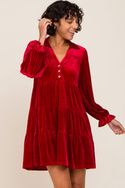 Red Velvet Long Sleeve Tiered Collared Dress