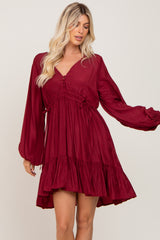 Burgundy V-Neck Cinched Dress