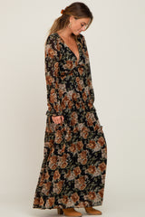 Black Floral Chiffon Ruffle Tiered Maxi Dress