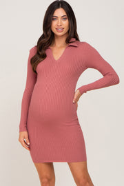 Mauve Ribbed Collared Long Sleeve Maternity Dress