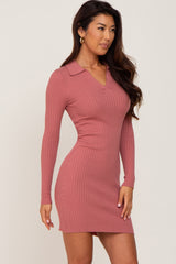 Mauve Ribbed Collared Long Sleeve Dress