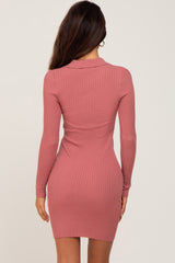 Mauve Ribbed Collared Long Sleeve Dress