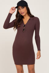 Brown Ribbed Collared Long Sleeve Maternity Dress