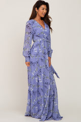 Periwinkle Floral Chiffon Long Sleeve Pleated Maxi Dress