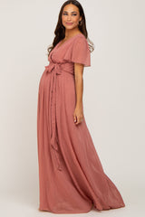 Mauve Swiss Dot Chiffon Maternity Maxi Dress