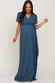 Teal Swiss Dot Chiffon Maternity Maxi Dress