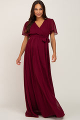 Burgundy Swiss Dot Chiffon Maternity Maxi Dress