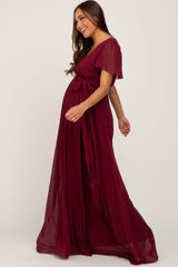 Burgundy Swiss Dot Chiffon Maternity Maxi Dress