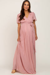 Pink Swiss Dot Chiffon Maternity Maxi Dress