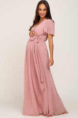 Pink Swiss Dot Chiffon Maternity Maxi Dress