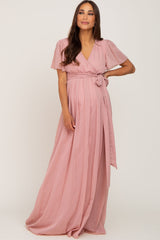 Pink Swiss Dot Chiffon Maternity Maxi Dress