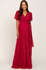 Red Metallic Shimmer Chiffon Maternity Maxi Dress