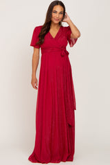 Red Metallic Shimmer Chiffon Maternity Maxi Dress