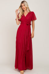 Red Metallic Shimmer Chiffon Maxi Dress