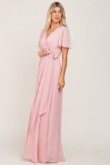 Light Pink Metallic Shimmer Chiffon Maxi Dress