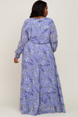 Periwinkle Floral Chiffon Long Sleeve Pleated Plus Maxi Dress