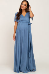 Blue Metallic Shimmer Chiffon Maternity Maxi Dress