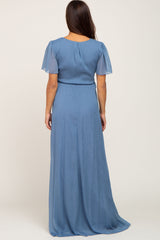 Blue Metallic Shimmer Chiffon Maternity Maxi Dress