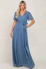 Blue Metallic Shimmer Chiffon Maxi Dress